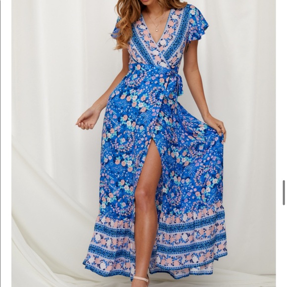 Boho Floral Gypsy Print 60’s Maxi Wrap Dress - Picture 2 of 12